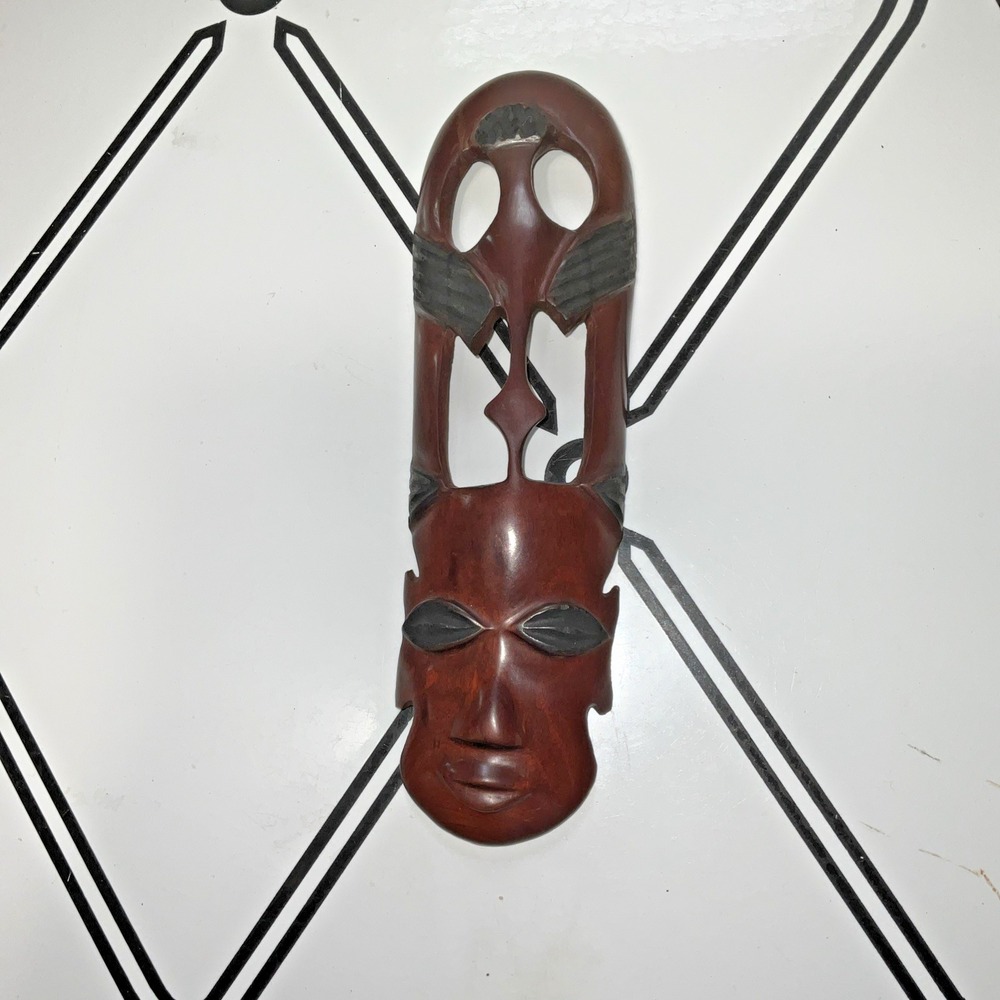 Hand Carved African Style Wooden Mask Wall Decor Red Brown Openwork Long Mask - Picture 16 of 16
